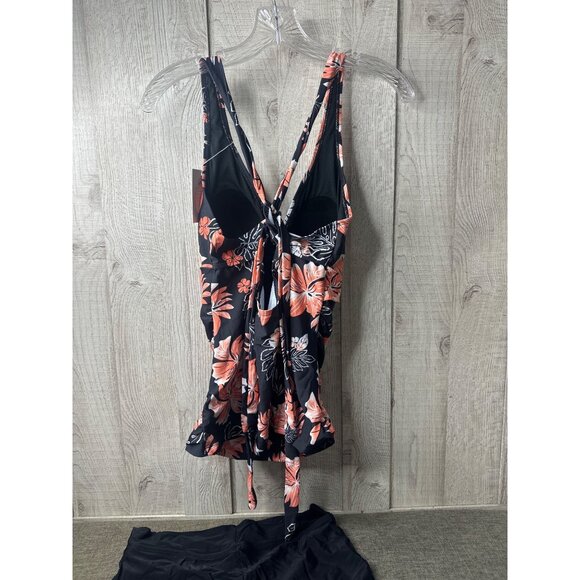 Womens Large Floral Tankini Swimsuit 2 pc Set With Boyshorts Black & Coral - Picture 3 of 9